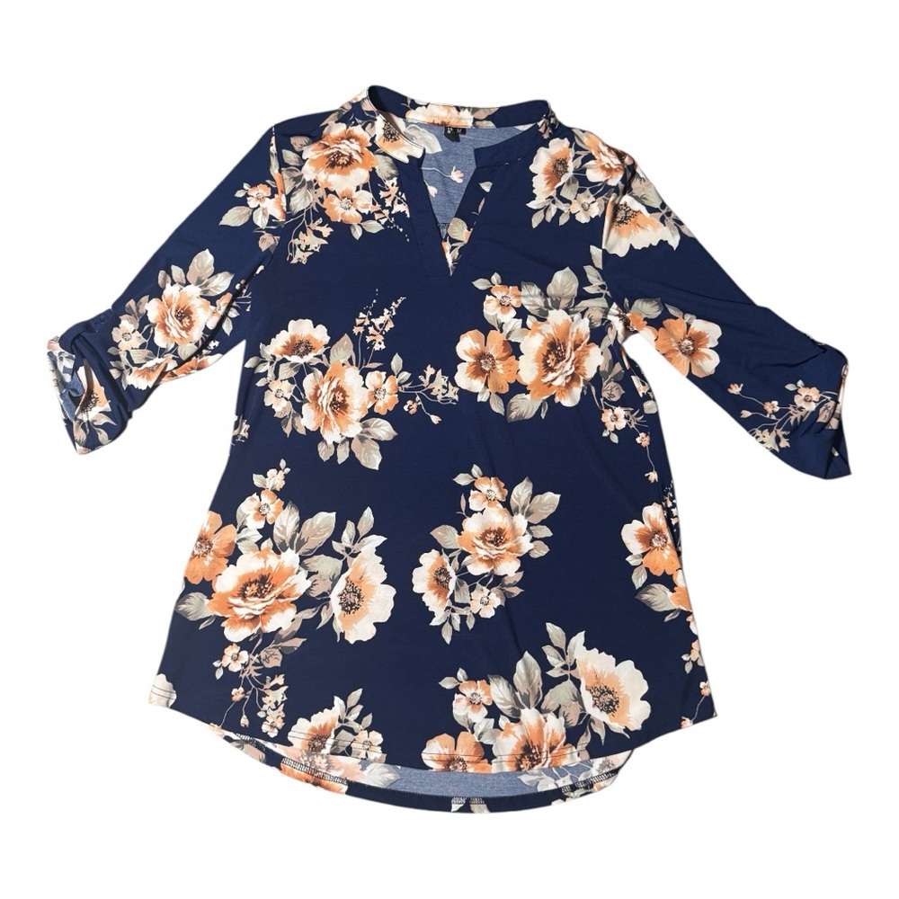 Women’s Blue/White/Orange Women’s 3/4 Sleeve Blouse, Medium